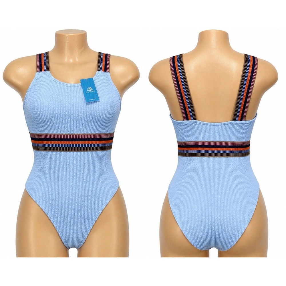 Cupshe One Piece Swimsuit Womens Large‎ Blue Multi-Strip Smocked Summer Padded